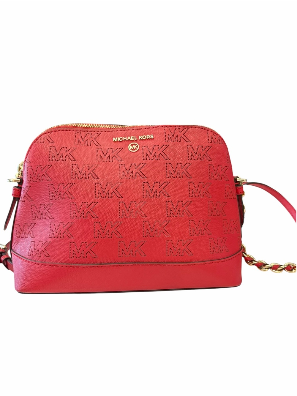 Michael Kors Jet Set Charm Dome Crossbody Bag Perforated MK Logo Gold Chain